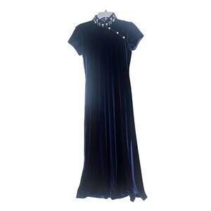 Cheongsam Dress Mandarin Collar Chinese Navy Blue Velvet S.L. Fashions Size 6
